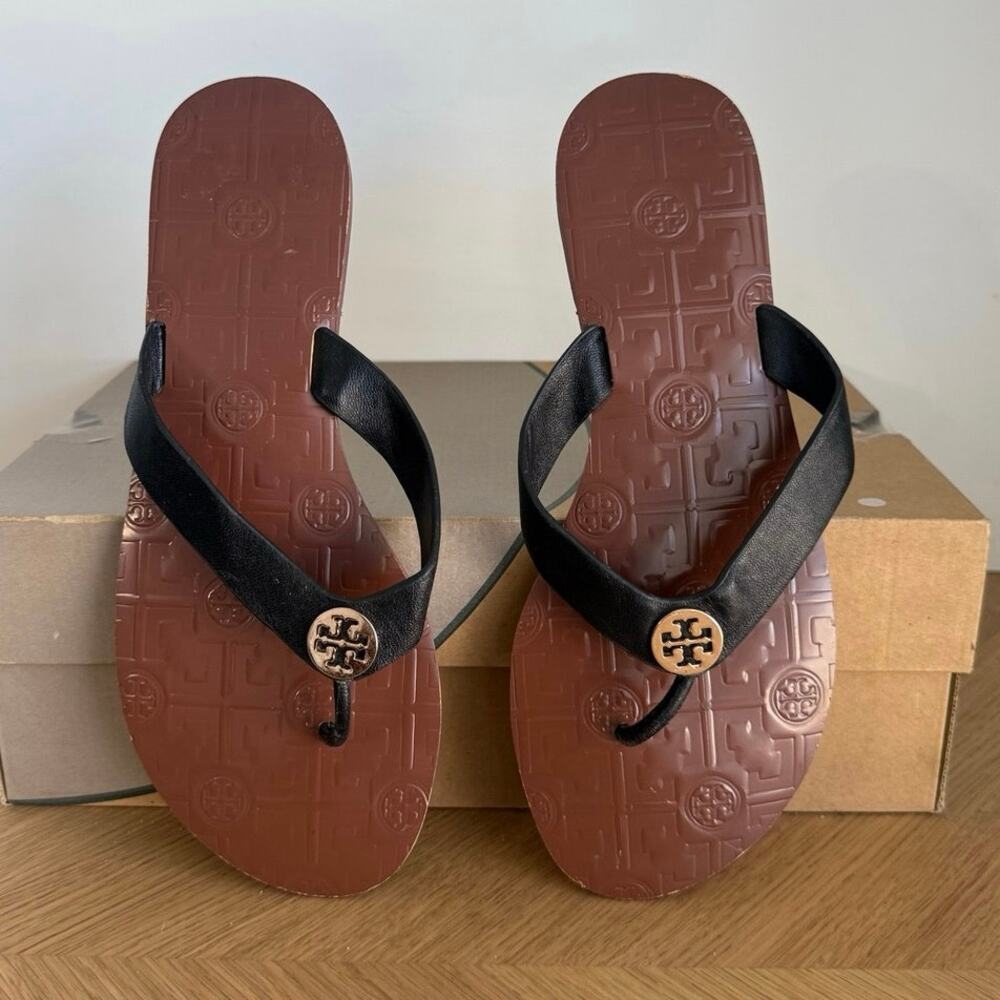 Tory Burch Thora Embossed Black/Gold Women Leather Sandals - SZ 9